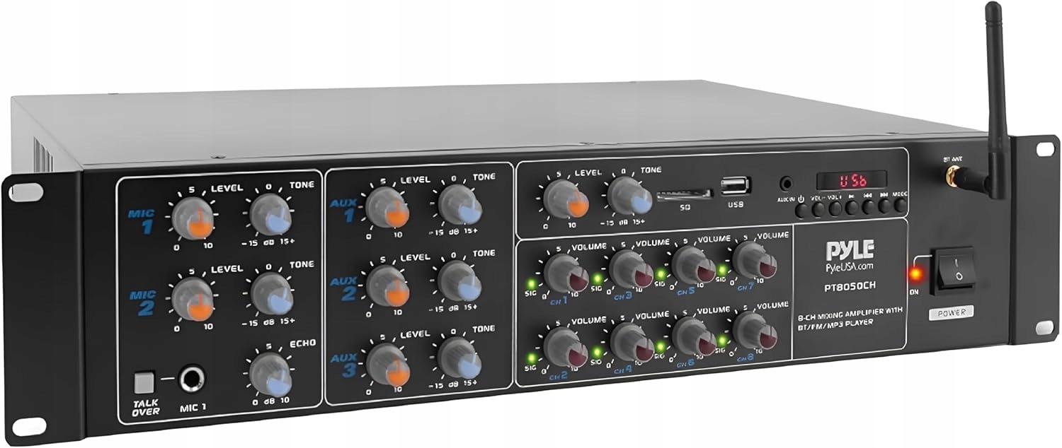 8-KANÁLOVÝ Zesilovač 400W Bluetooth Usb Aux Rca Mikrofonní Vstup Stereo Pyle