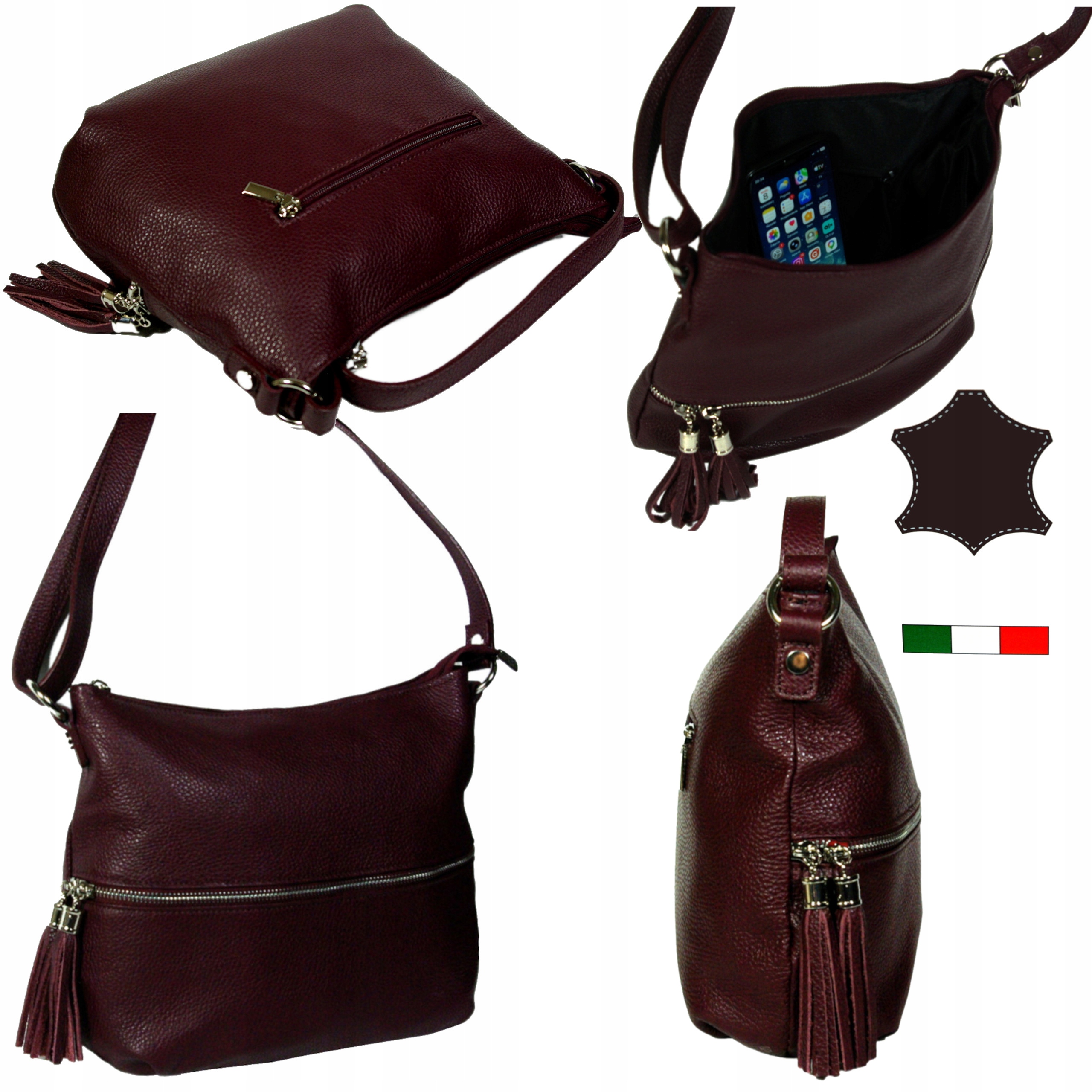 Dámská kožená kabelka italská bordó burgundská velká shoper přes rameno