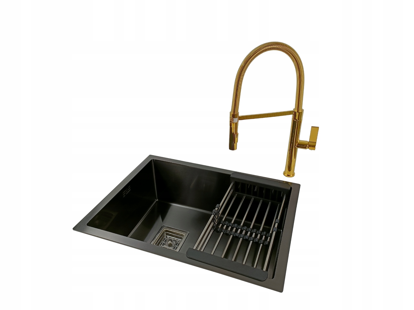 Kuchyňský ocelový dřez Jednokomorový Černý Antracit Sifonová baterie