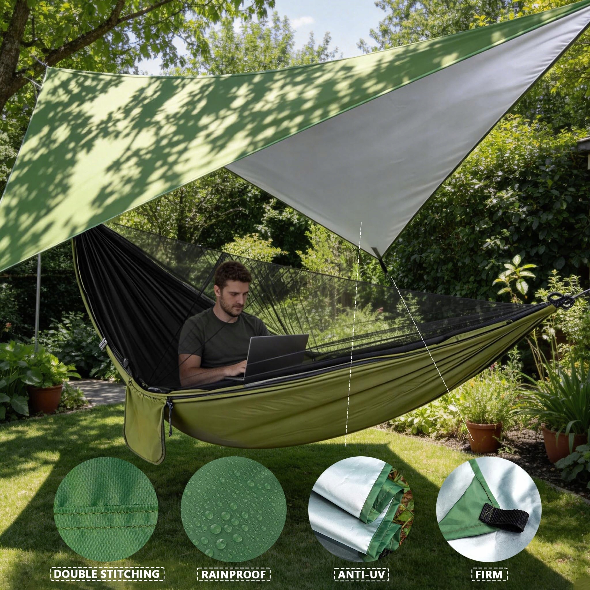 OUTDOOR Hamak z Moskitierą i Zadaszeniem Szybkoschnący Nylon na Kemping — miniatura 3