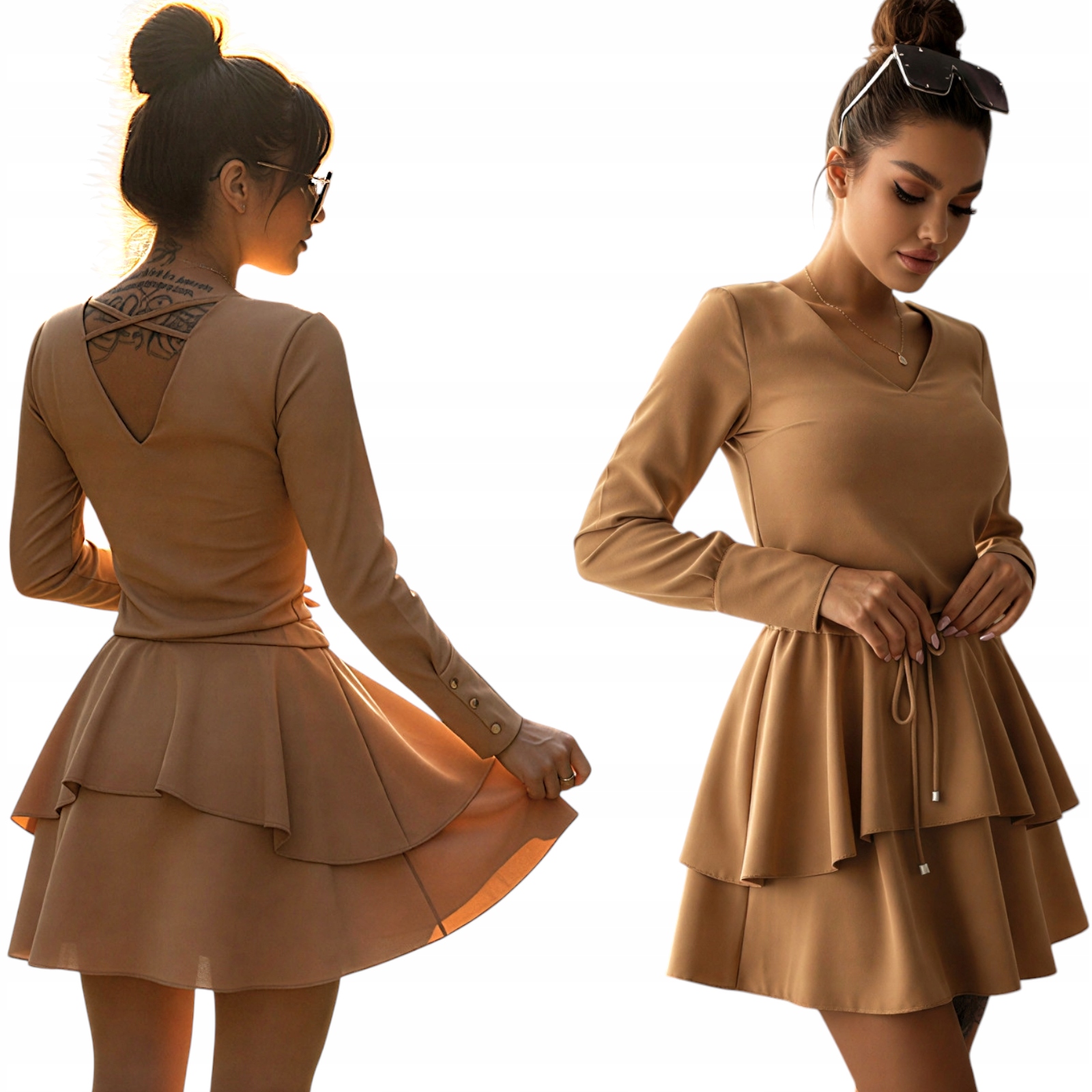 Elegantní šaty s volánem Béžová camel Dlouhý rukáv S páskem M Pl