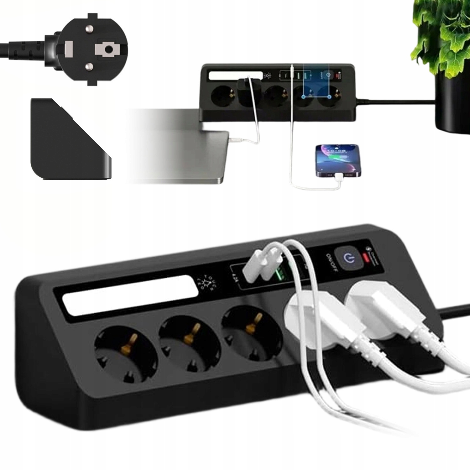 9V1 Přenosná Zásuvková Lišta 5 Zásuvek Usb Typu C S Led Osvětlením