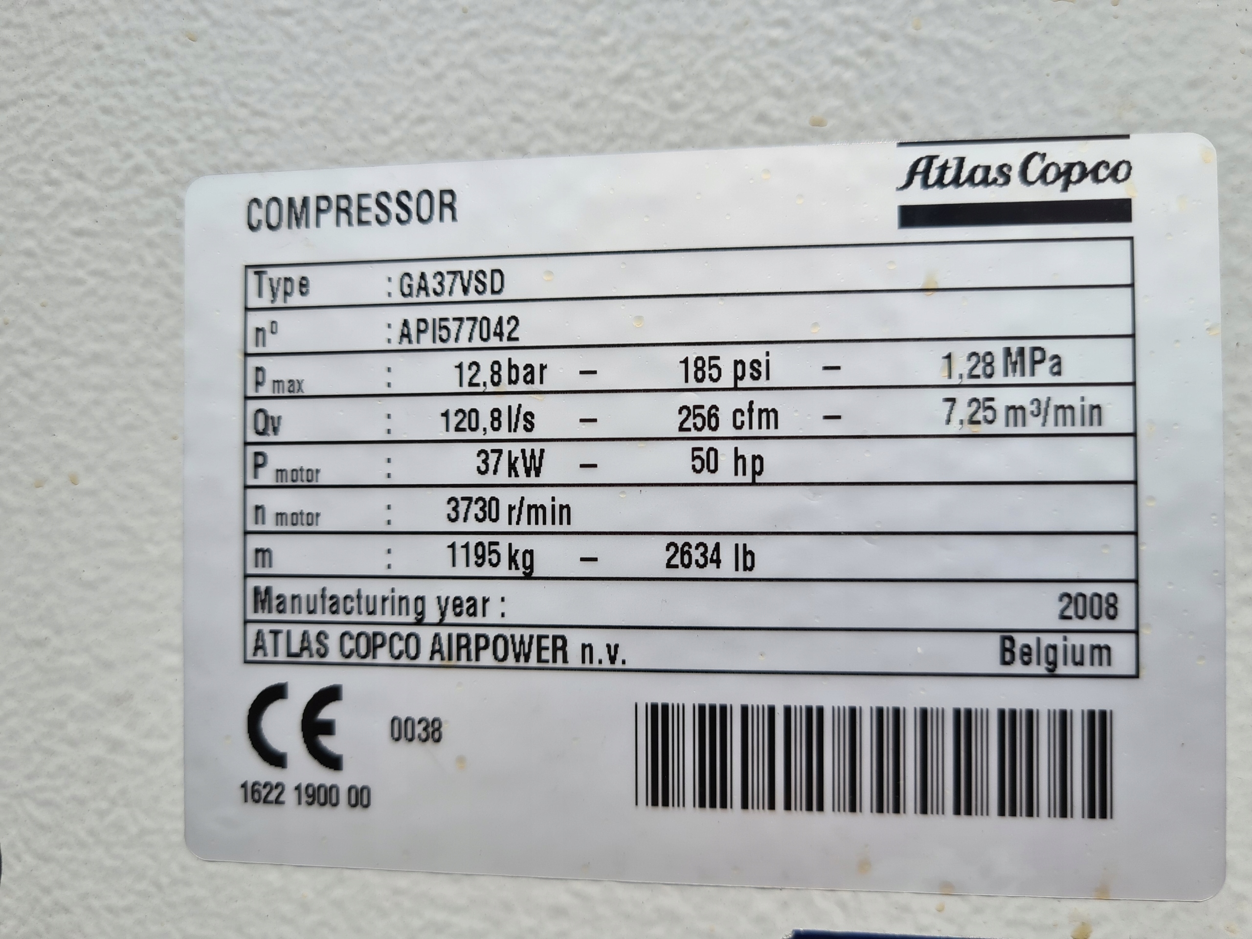 Kompresor śrubowy ATLAS COPCO GA 37 VSD ff Model GA 37 VSD ff