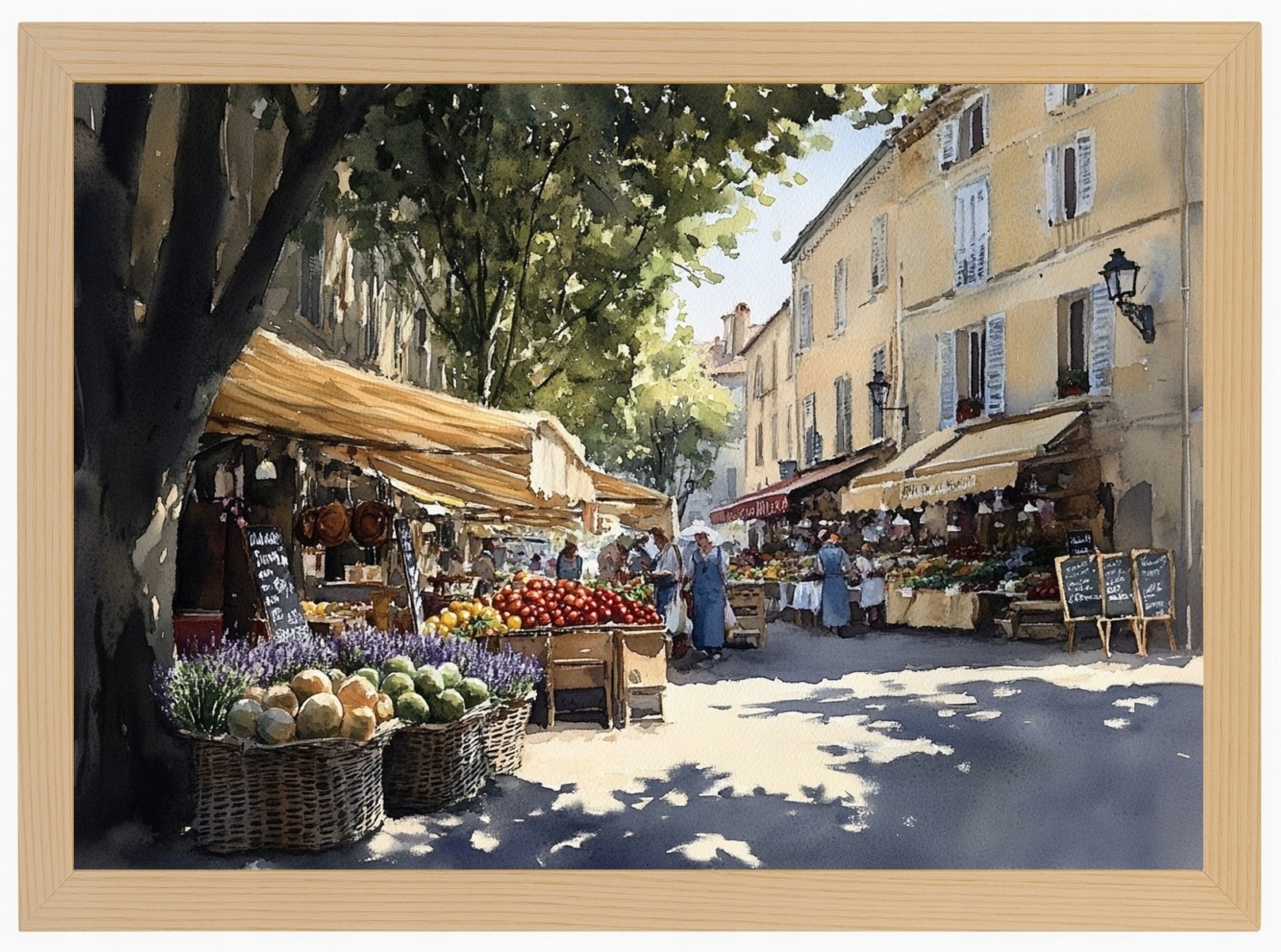 Plakát Rámeček Akvarelové Dřevo Francie Provence Trhové Náměstí 100x70