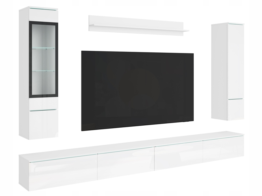 Moderní nábytková stěna do obývacího pokoje 300 cm s osvětlením, bílá/bílý lesk