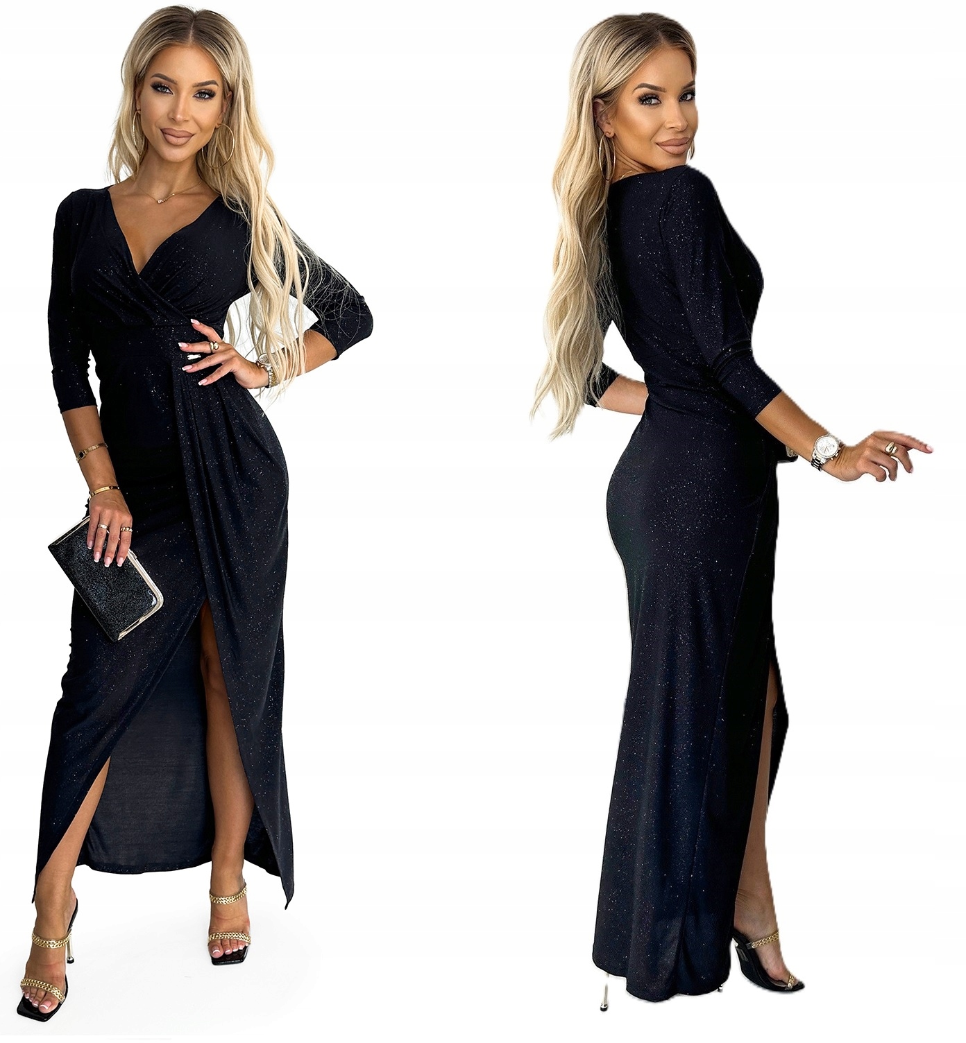 Banketová Dlouhá Lesklá Sukně S Hlubokým Výstřihem, Černá Se Třpytkami