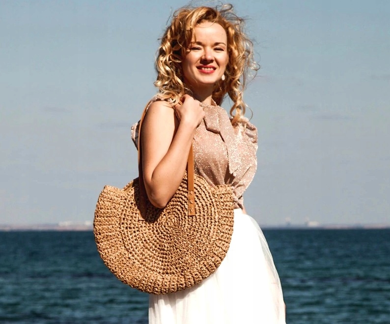 Torba Damska słomiana Duża koszyk ramie lato okrągła A4 XL plażę EKO SŁOMKA Kolor beżowy