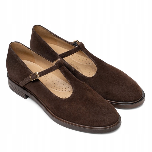 Brilu Polskie Zamszowe Skórzane Półbuty Damskie Z Paskiem Samara Brązowe 37