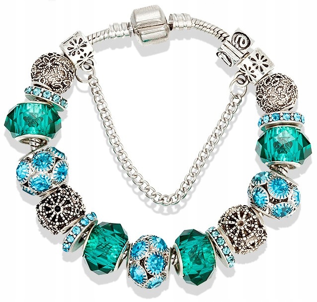 

Bransoletka srebrna modułowa zielone charmsy Beads