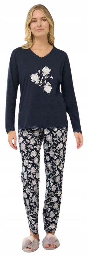 Elegantní Tmavě Modré Pyžamo Růže Kalhoty Celé S Květinami Bavlna Lyocell M