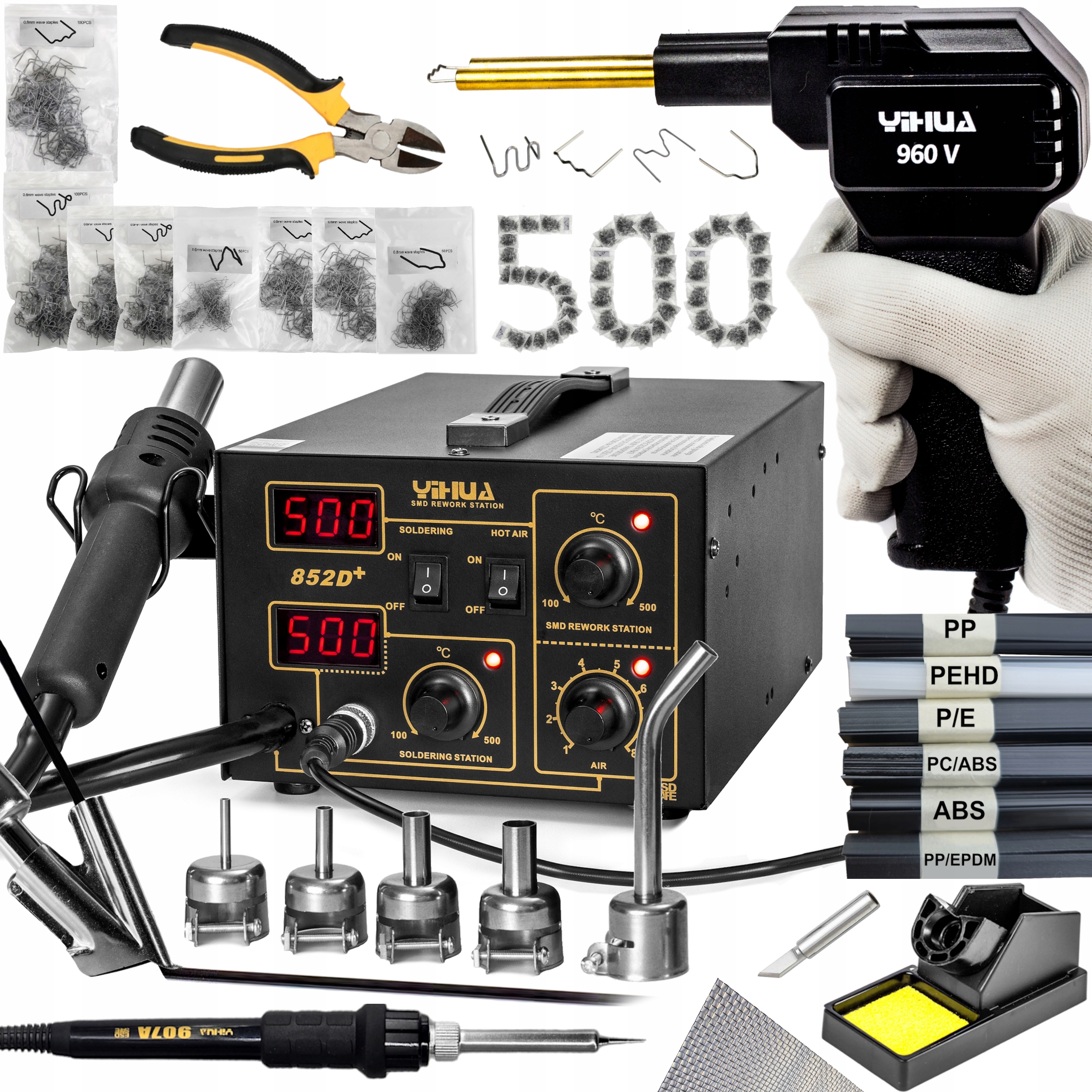 Svářečka 852D+ Sešívačka 960V Plast Trysky Síťka Sada Pro Svařování Plastů
