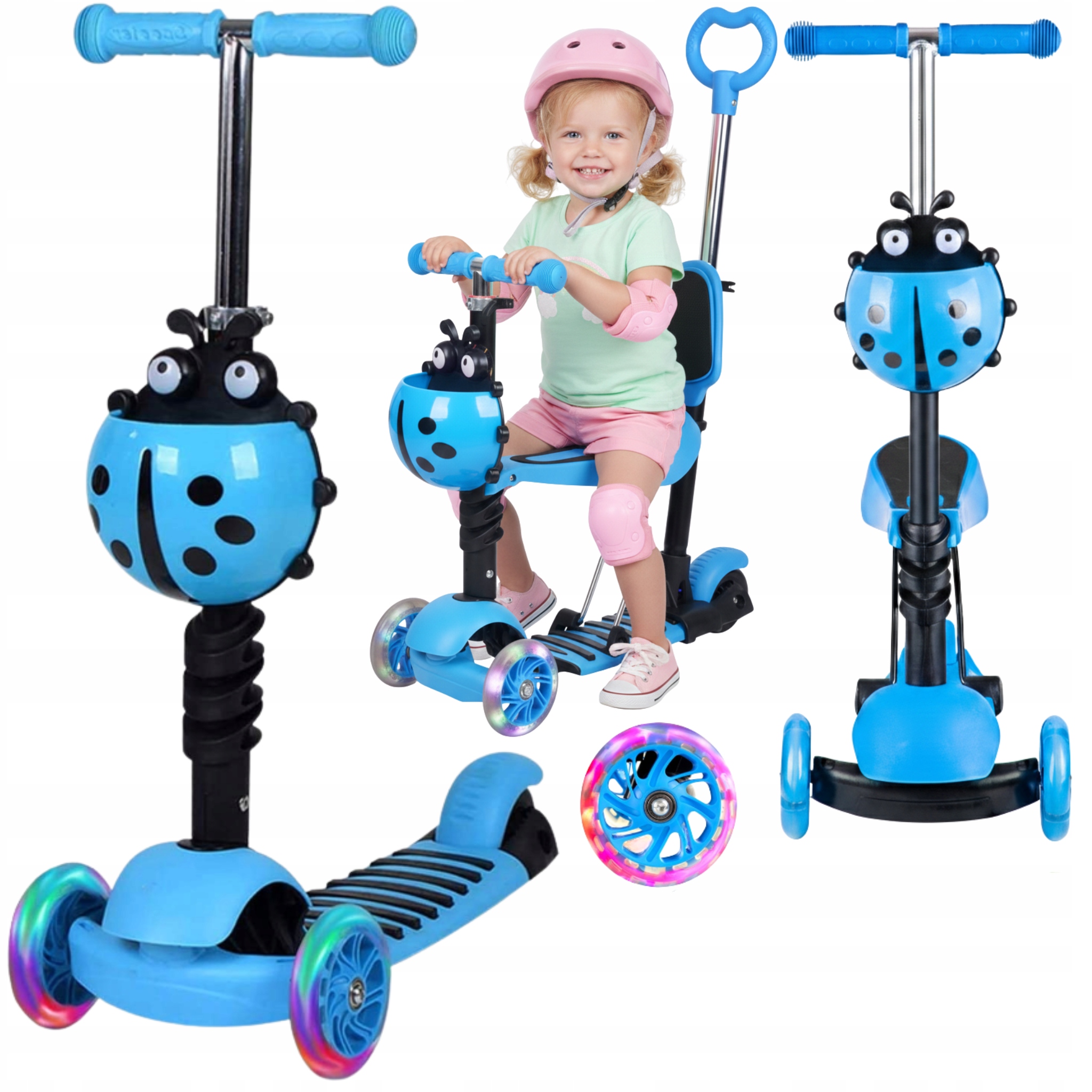 Hulajnoga dla dzieci 5w1 Led balansowa jeździk z rączką niebieska biedronka