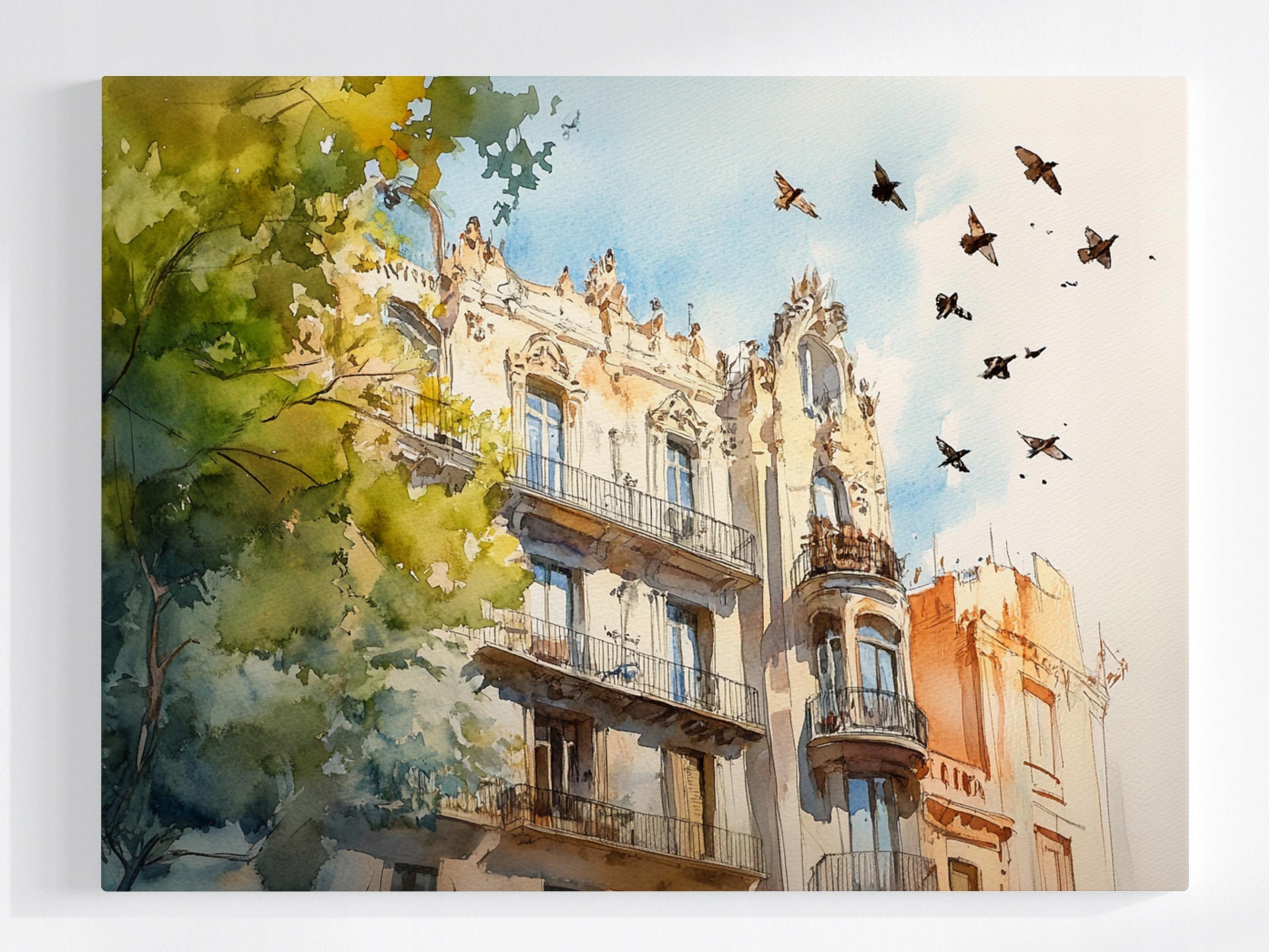 Obraz Na Plátně Canvas Barcelona Kamenica Ptáci Akvarel Modernismus 100x75