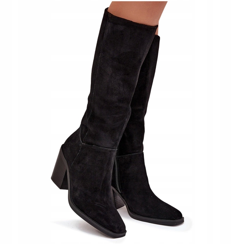 Dámské Kozačky Na Semišovém Podpatku Před Kolenem Se Zipem, Černé, Velikost 40