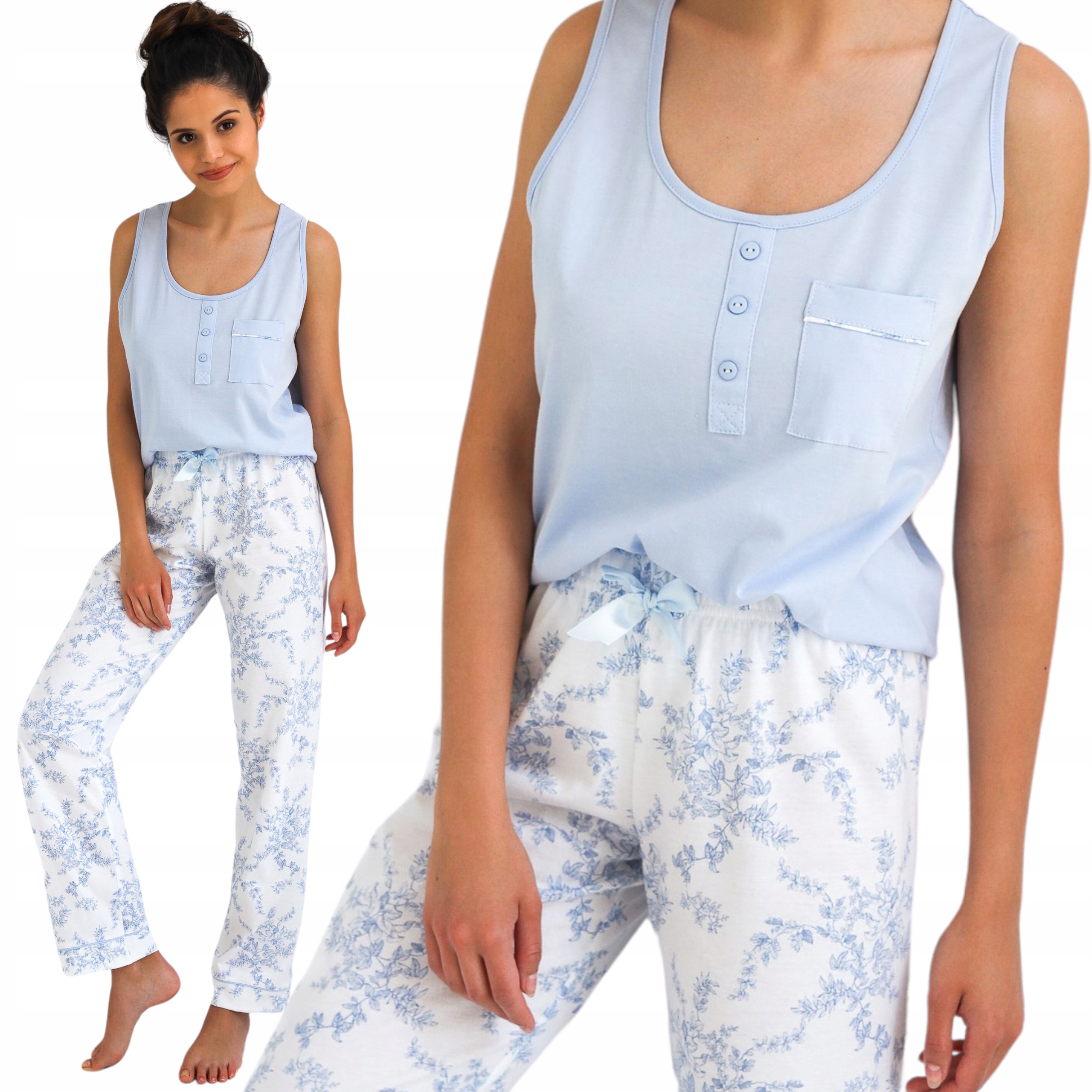 Bavlněné dámské pyžamo Top a dlouhé kalhoty s květinami L Arely Modrá