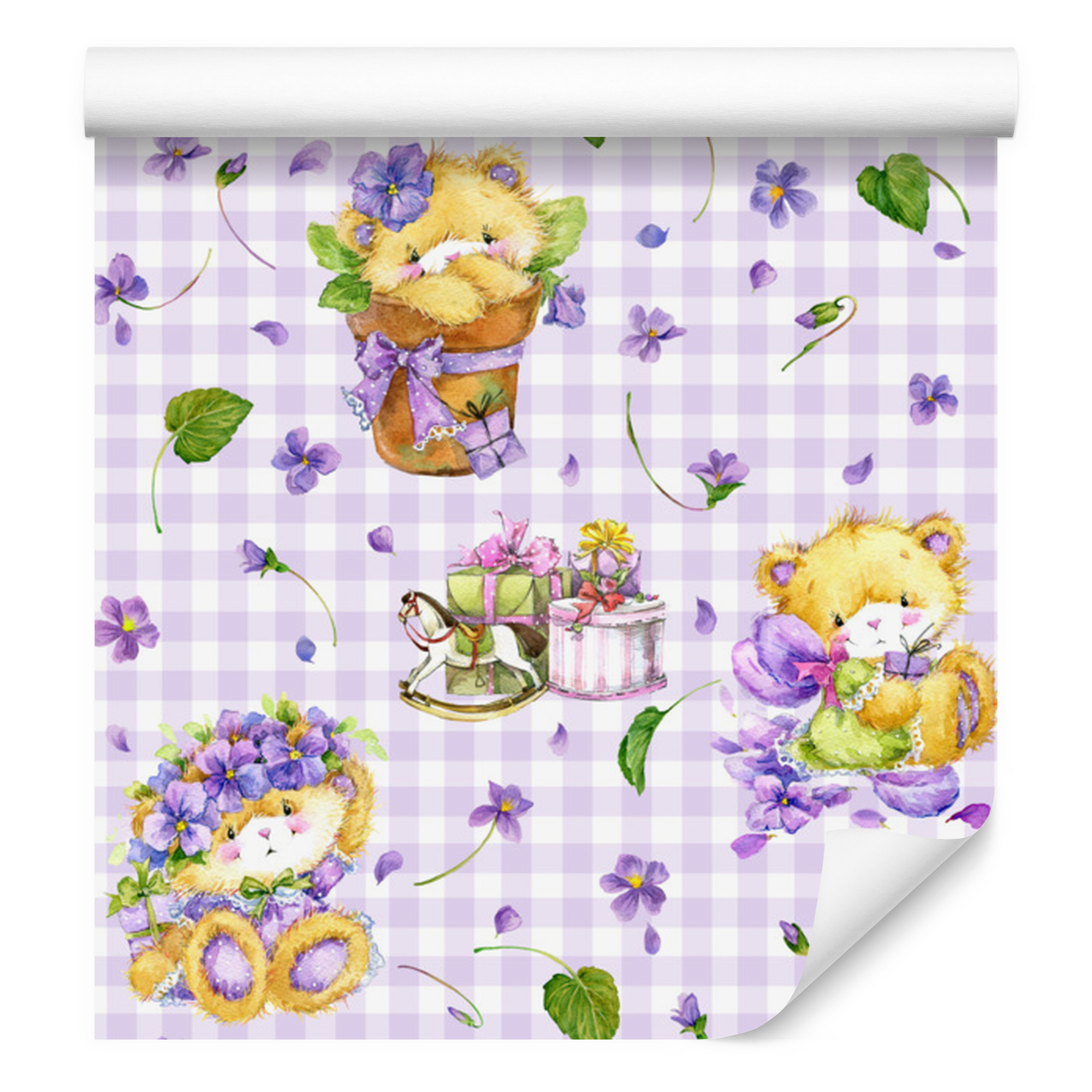 Tapeta Mřížka medvídci květy listy do obývacího pokoje a ložnice 50x1000 cm