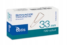 

Spinacze trójkątne biurowe 33mm Tetis 100sztuk