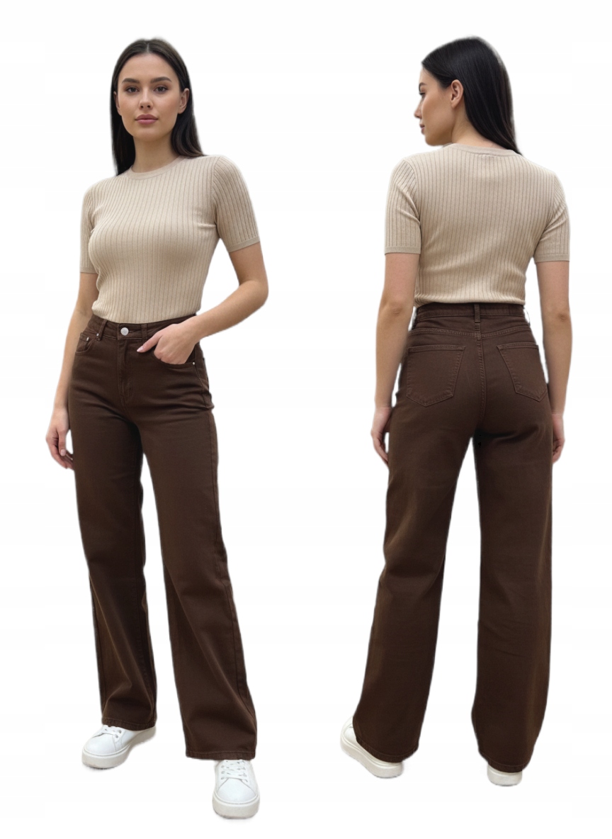 Spodnie Damskie Jeansy Dzwony Szerokie Wide Leg Czekoladowe Brązowe Xs