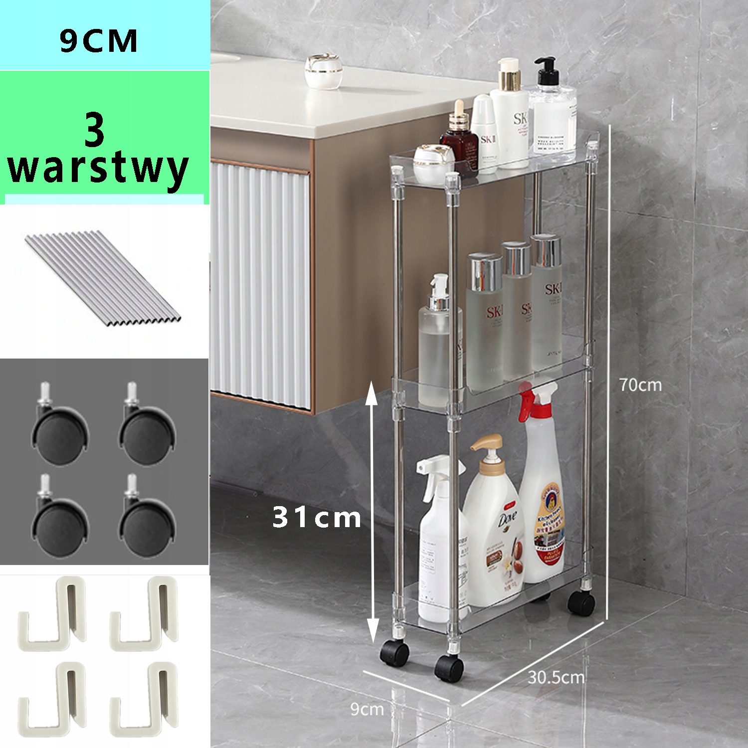 PÓŁKA KUCHENNA ŁAZIENKOWA REGAŁ NA KÓŁKACH 9CM SZAFKA DO WĄSKICH ZAKAMARKÓW Marka Hooha