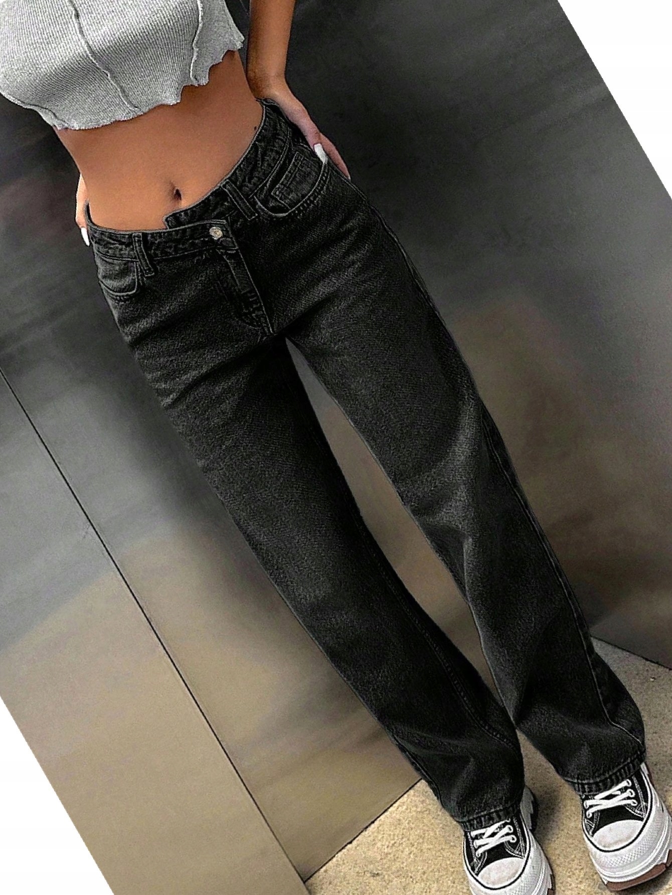 Dámské džíny Bootcut Šedé s nízkým pasem Asymetrický pas Rovné M 38