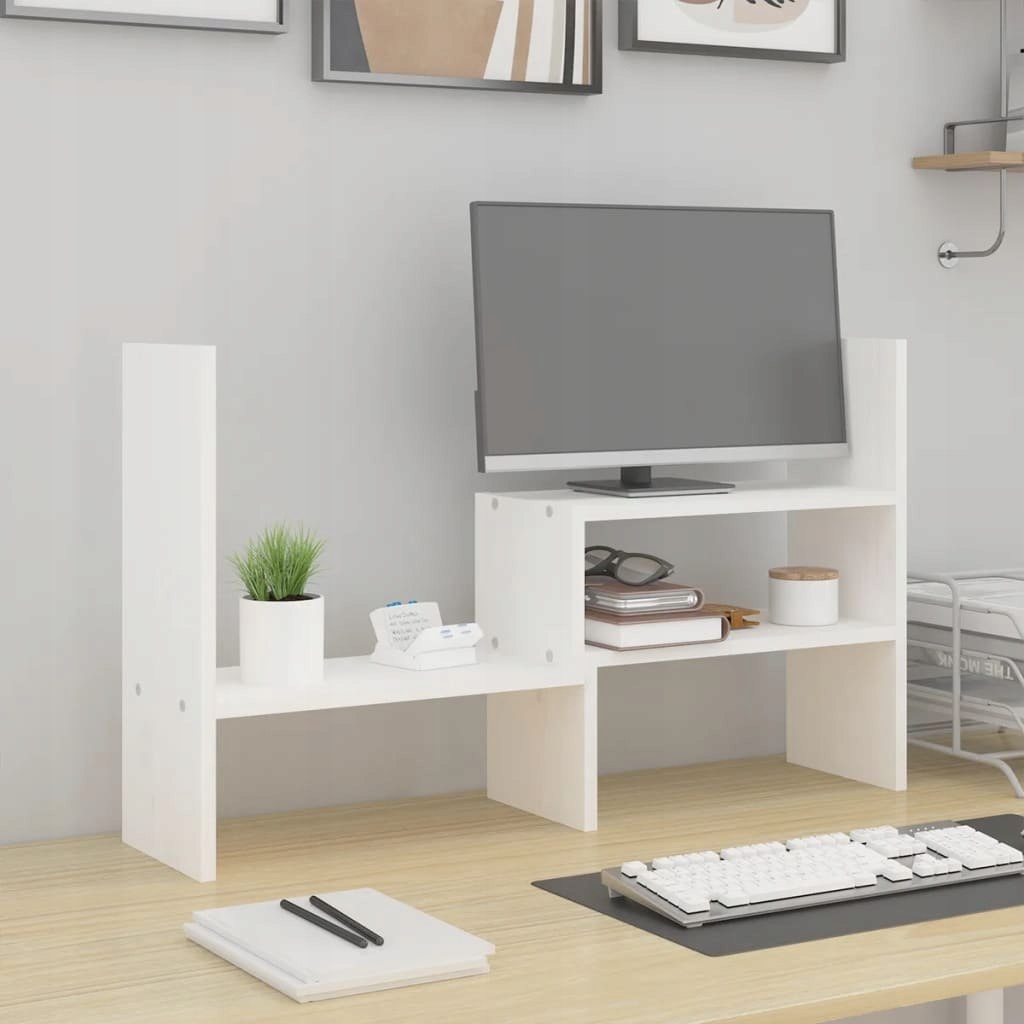 Podstavec na monitor, bílý, (39-72)x17x43 cm, borovicové dřevo