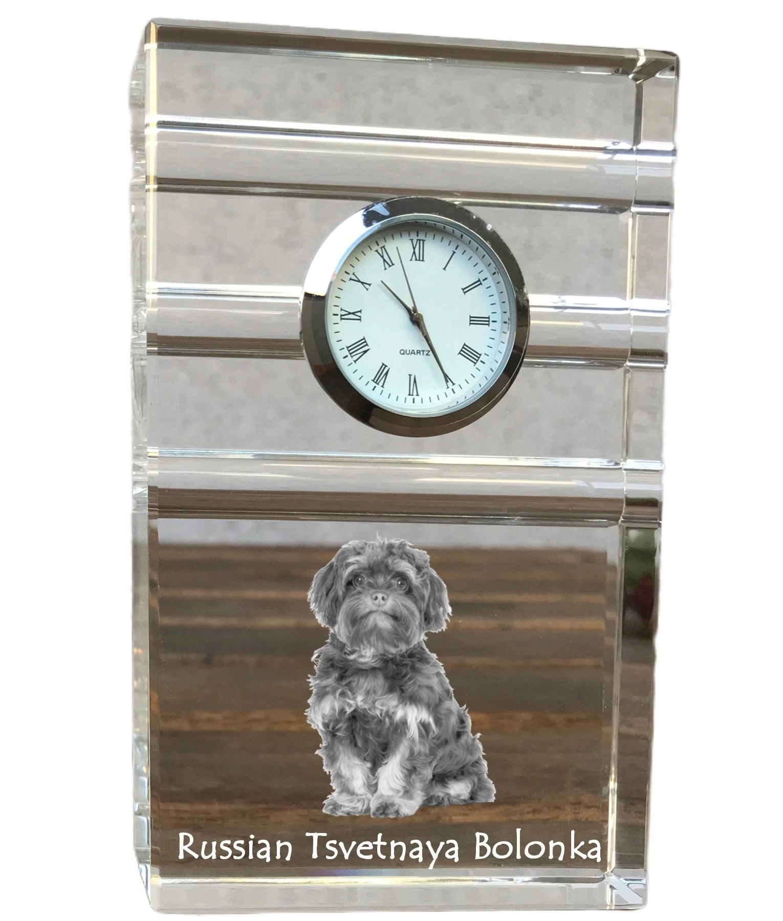 Kryštálové stolové hodinky Bolonka so psom, s vašou fotografiou, suvenír