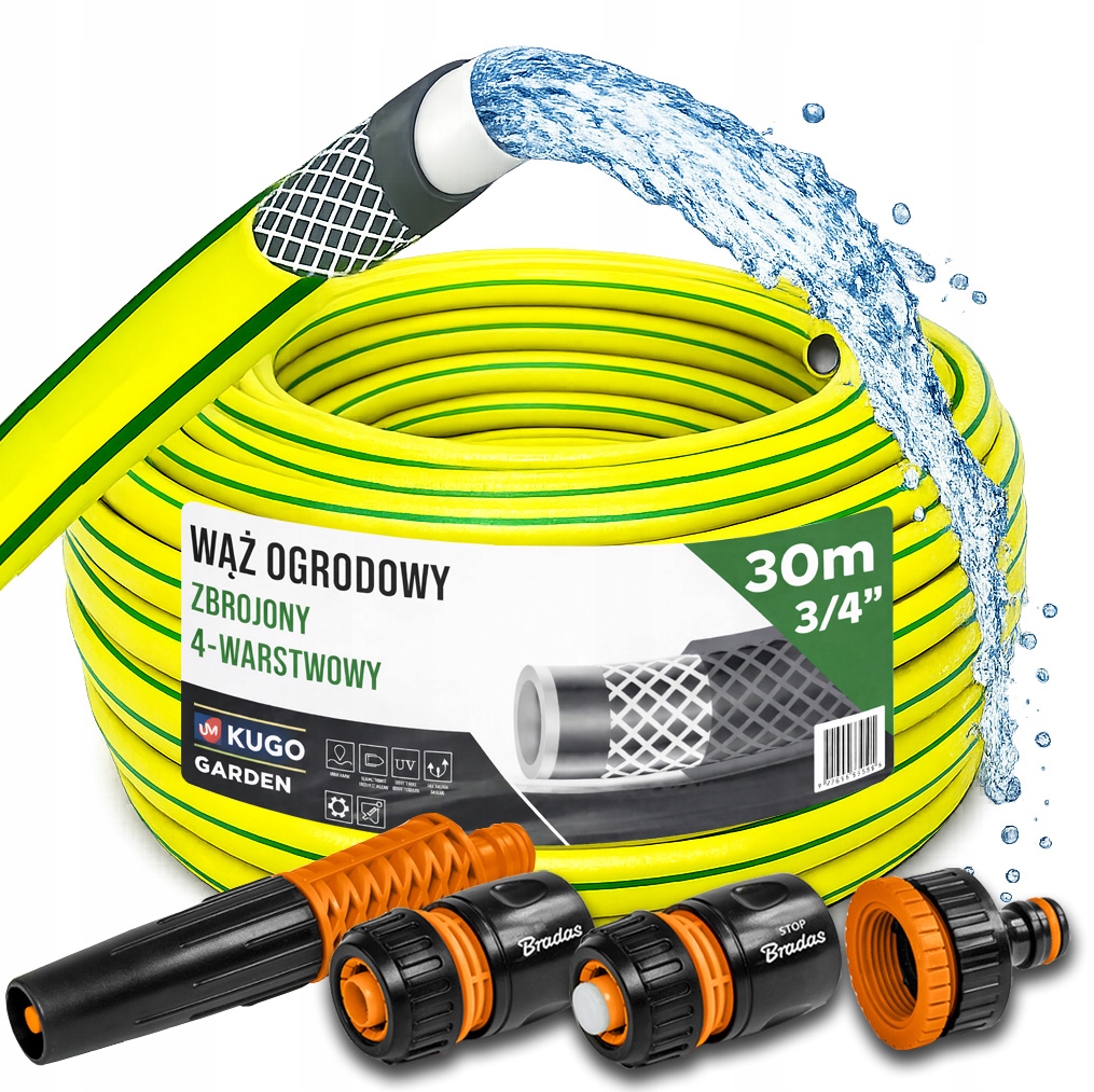Hadice 3/4" 30 m 4 Vrstvy Zavlažovač Spojky Set Bradas