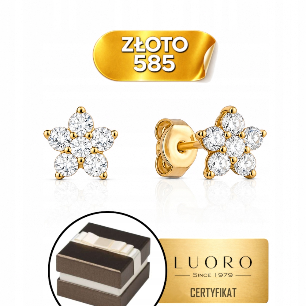 Náušnice Zlaté 585 14K Květinka S Bílými Zirkony 4 MM Tyčinka Dárek