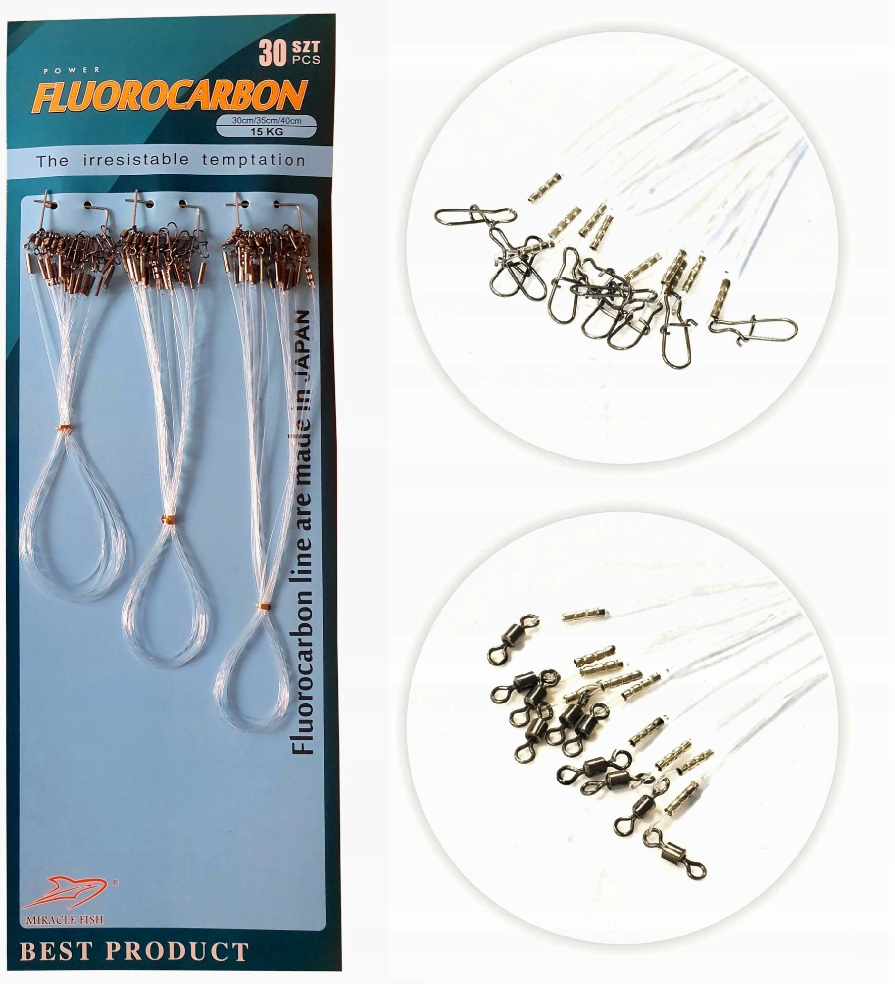 Zestaw 30x Przypony Fluorocarbon 30/35/40cm 15kg Szczupak Sandacz Sum