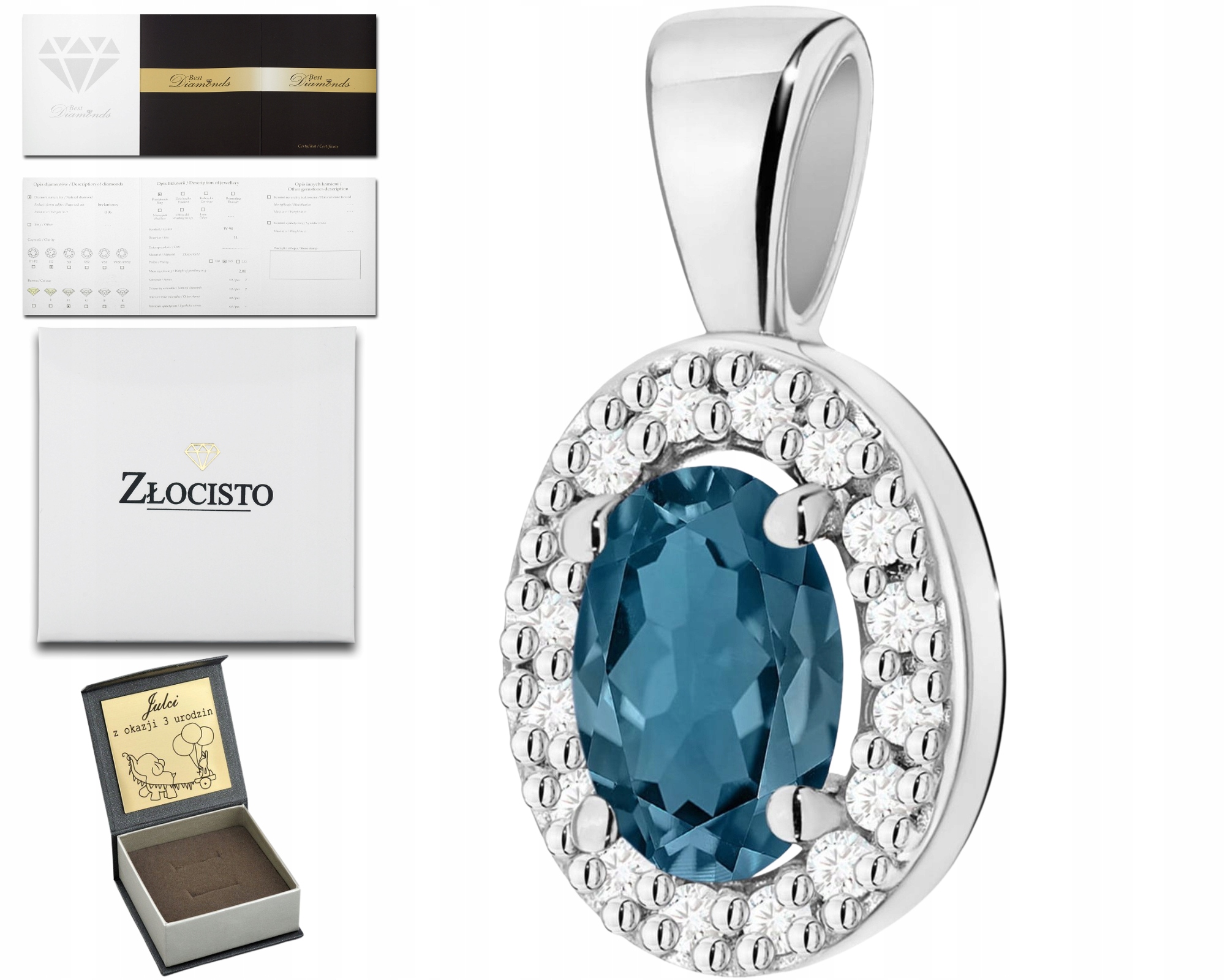 Bílé Zlato, Elegantní Přívěsek S Topazem London Blue A Diamanty 585
