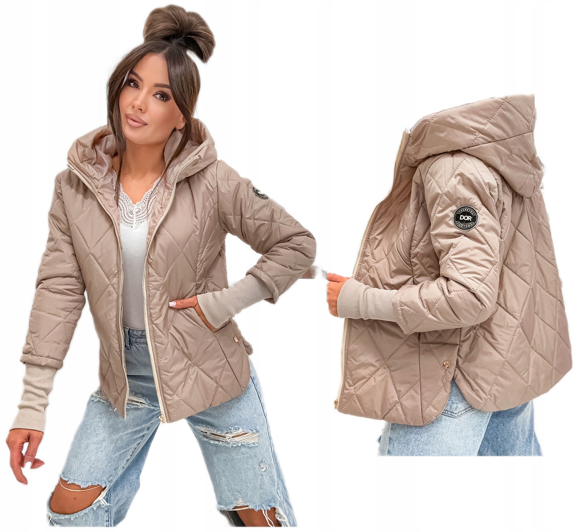 Kurtka damska WIOSENNA przejsciowa pikowana z kapturem BEŻOWA DORI roz