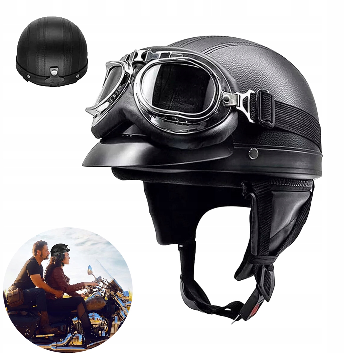Kask Motocyklowy Hełm Czarny Retro Chopper Niemiecki Gogle Daszek