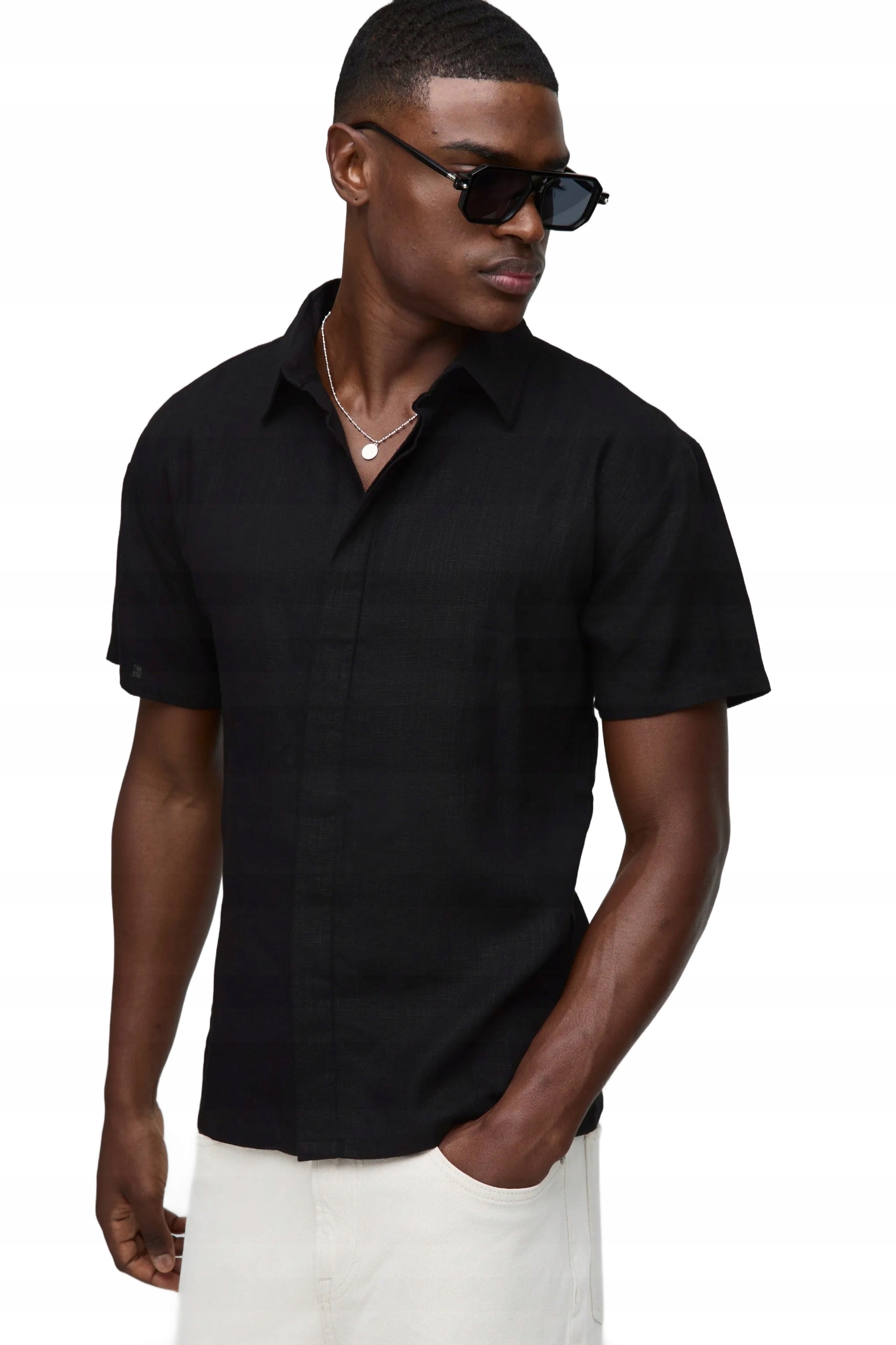 Boohooman Černá Pánská Košile S Krátkým Rukávem, Len, Viskóza, Z3A