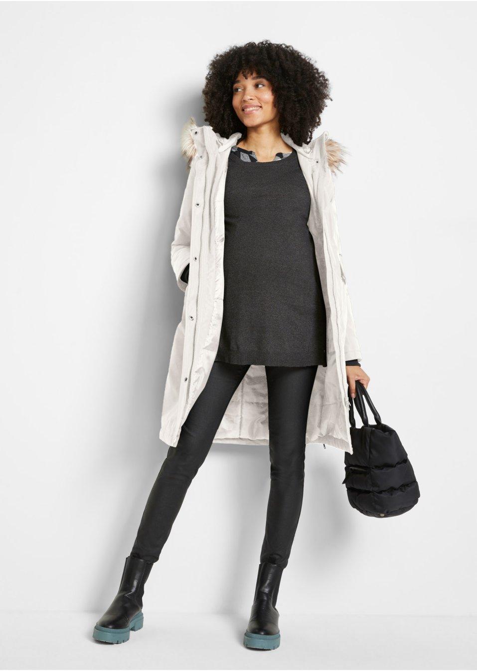 BPC BEŻOWY CIĄŻOWY PŁASZCZ Z KAPTUREM FUTERKO 44 XXL Rękaw długi rękaw