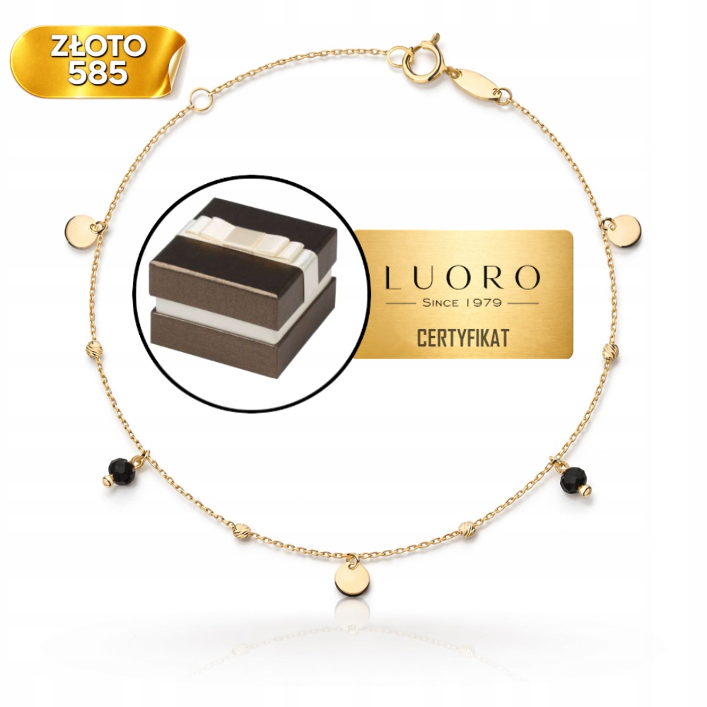 Náramek Zlatý 585 14K Diamantové Kuličky Plné Kolečka Černé Kameny 17