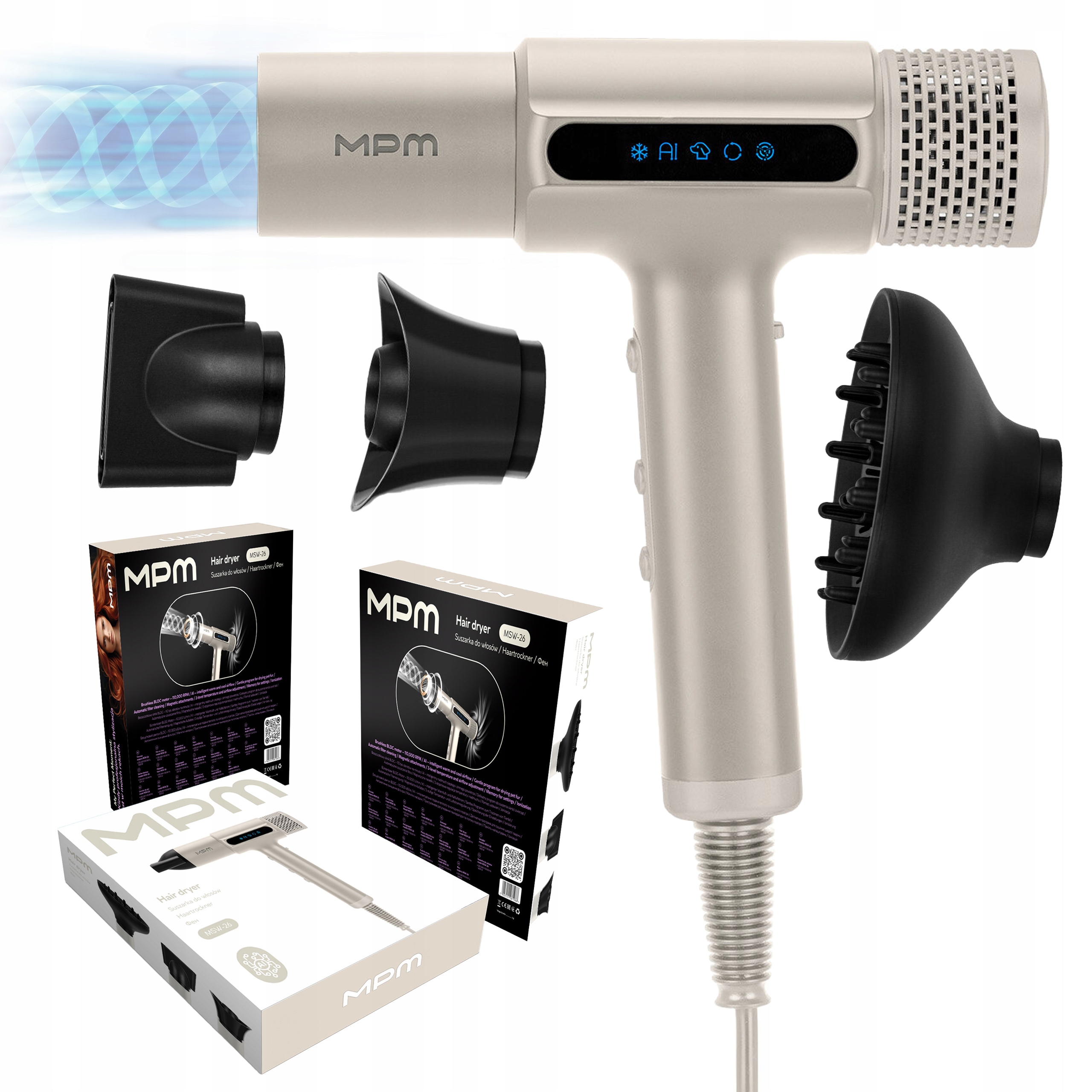 Suszarka do włosów funkcja Ai jonizacja dyfuzor nawiew GLOW&flow Mpm MSW-26