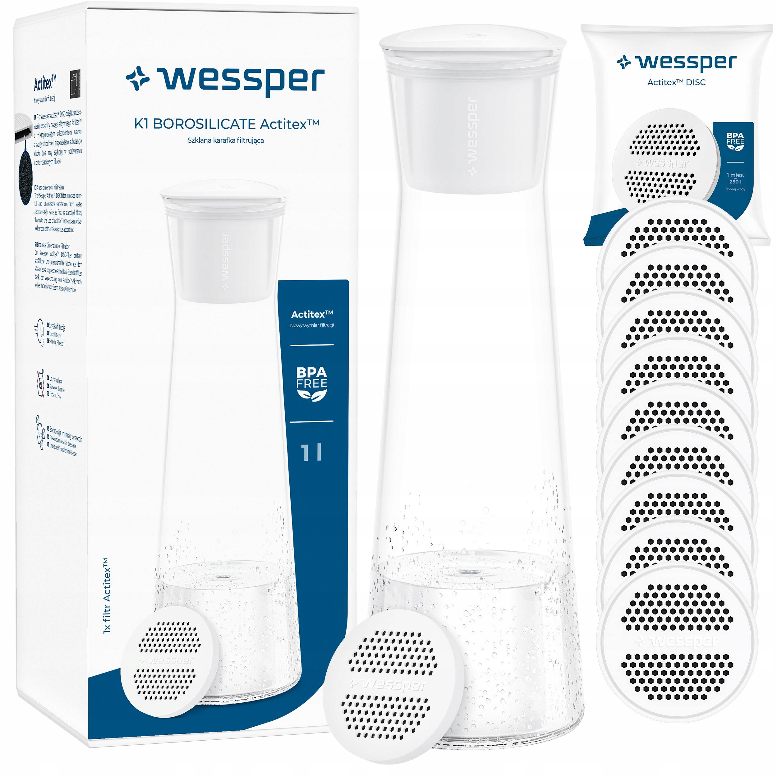 Skleněná karafa na vodu a nápoje Wessper 1 l s 10 filtry na kohoutkovou vodu