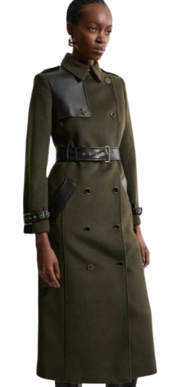 Karen Millen Petite Dvouřadý Kabát S Khaki Páskem A Vlnou 40 B1D
