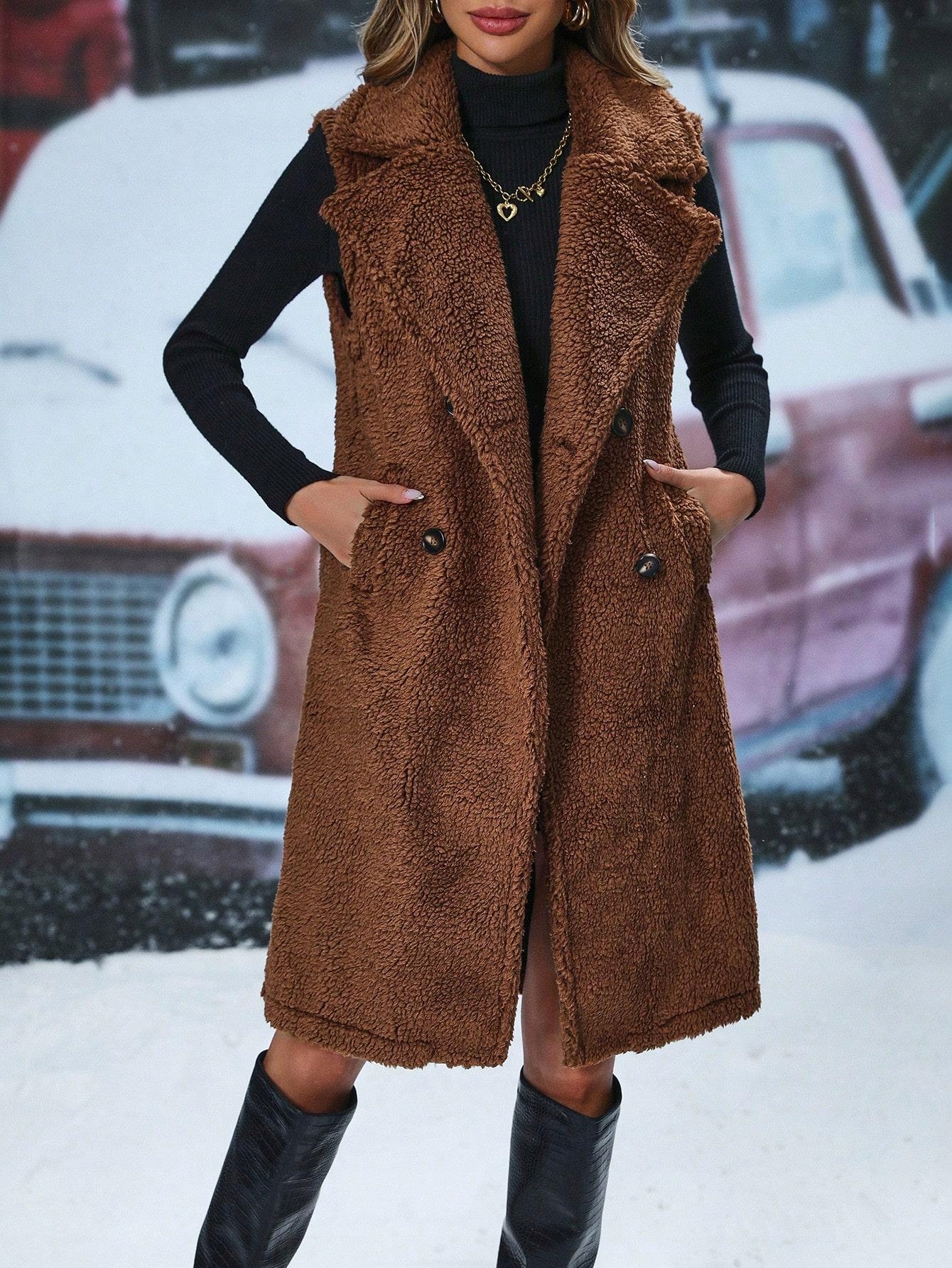BRĄZOWA KAMIZELKA PLUSZOWA MIŚ DWURZĘDOWA DŁUGA BEZRĘKAWNIK SHEIN 44