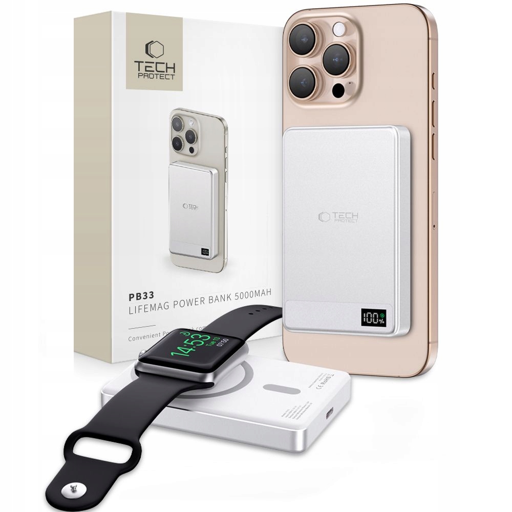 Tech-protect PB33 Lifemag Magsafe Power Banka 5000MAH Stříbrná