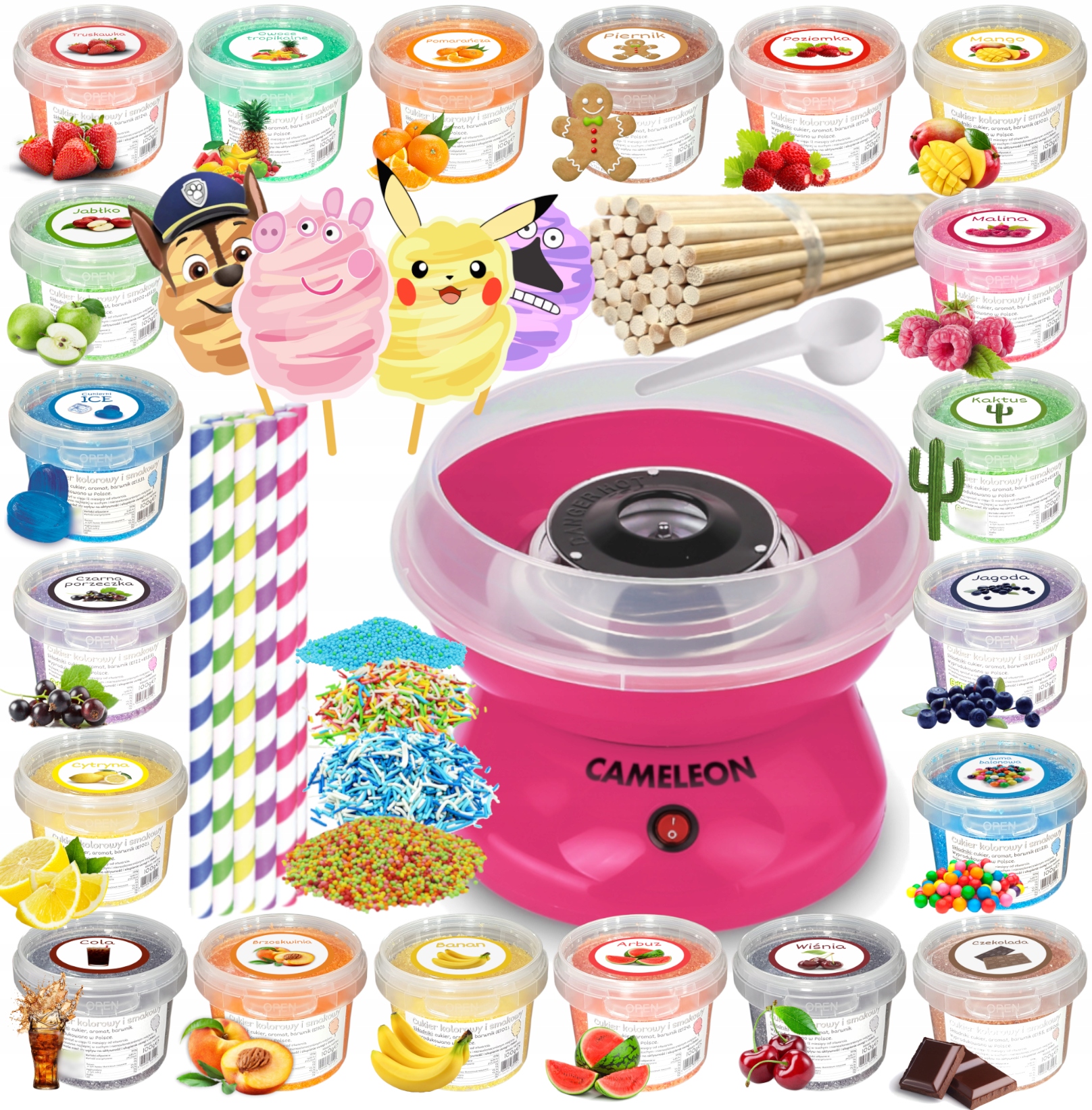 Sada Stroj na cukrovou vatu Cukr 20x 100g Kbelík tyčinky posypky