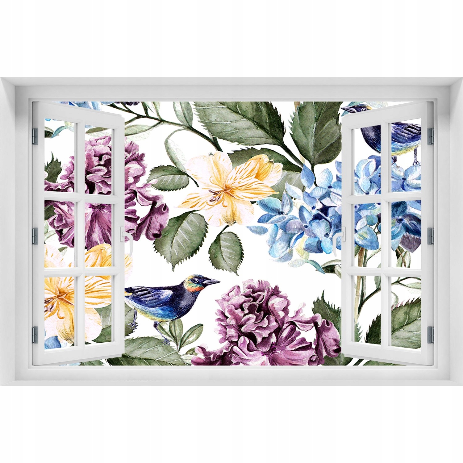 

Naklejka 3D Okno na ścianę Kwiaty i ptaki 150x100