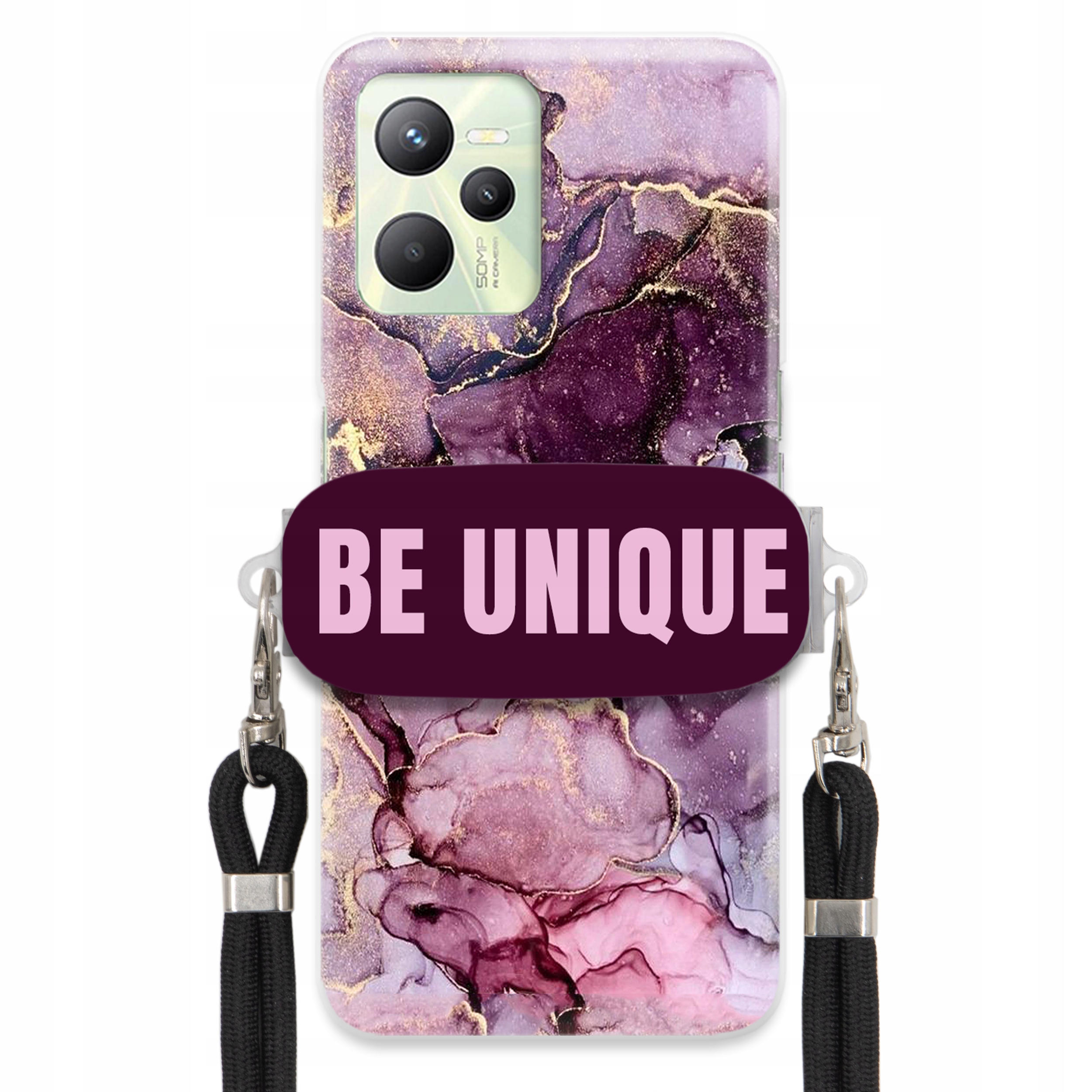 Prémiové puzdro pre Realme C35 Case držiak na šnúrku Čierny fialový mramor