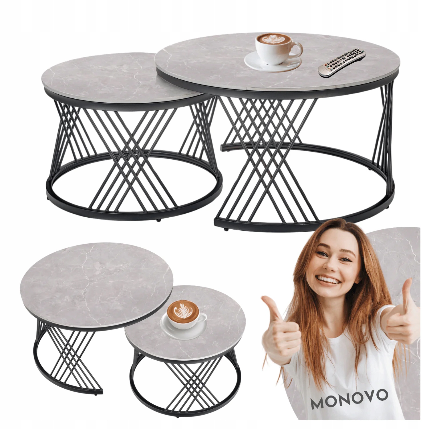 Zestaw 2 Stolików Kawowych Ław Ceramicznych Szary Kamień Czarny Stelaż Loft