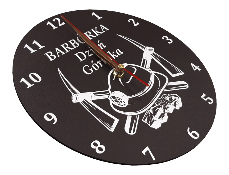Ścienny zegar dla górnika na prezent Barbórka Szerokość całkowita 24 cm