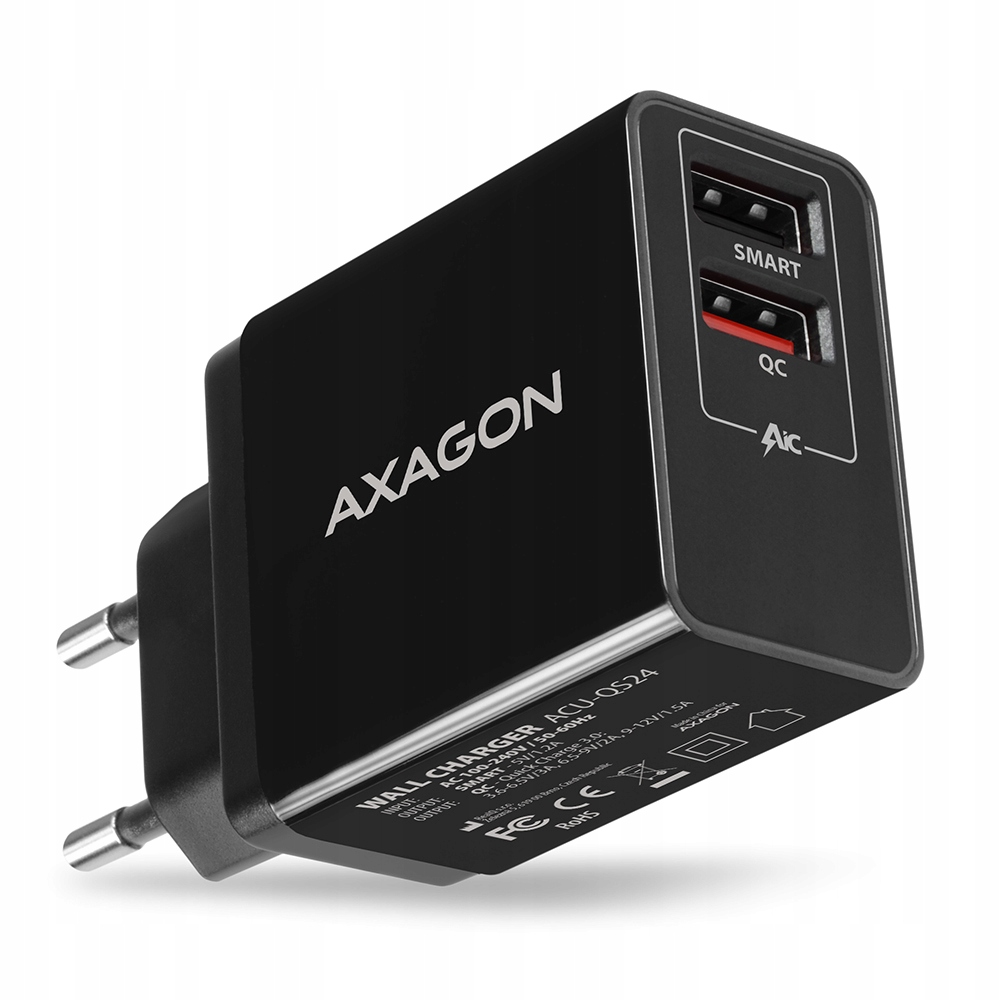Axagon Dual wallcharger 240V/2x Usb port QC3.0/AFC/FCP and 5V-1.2A, 24W A