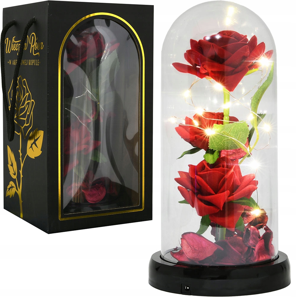 WIECZNA RÓŻA W SZKLE LED ŚWIECĄCA NA BATERIE + KABEL USB PREZENT