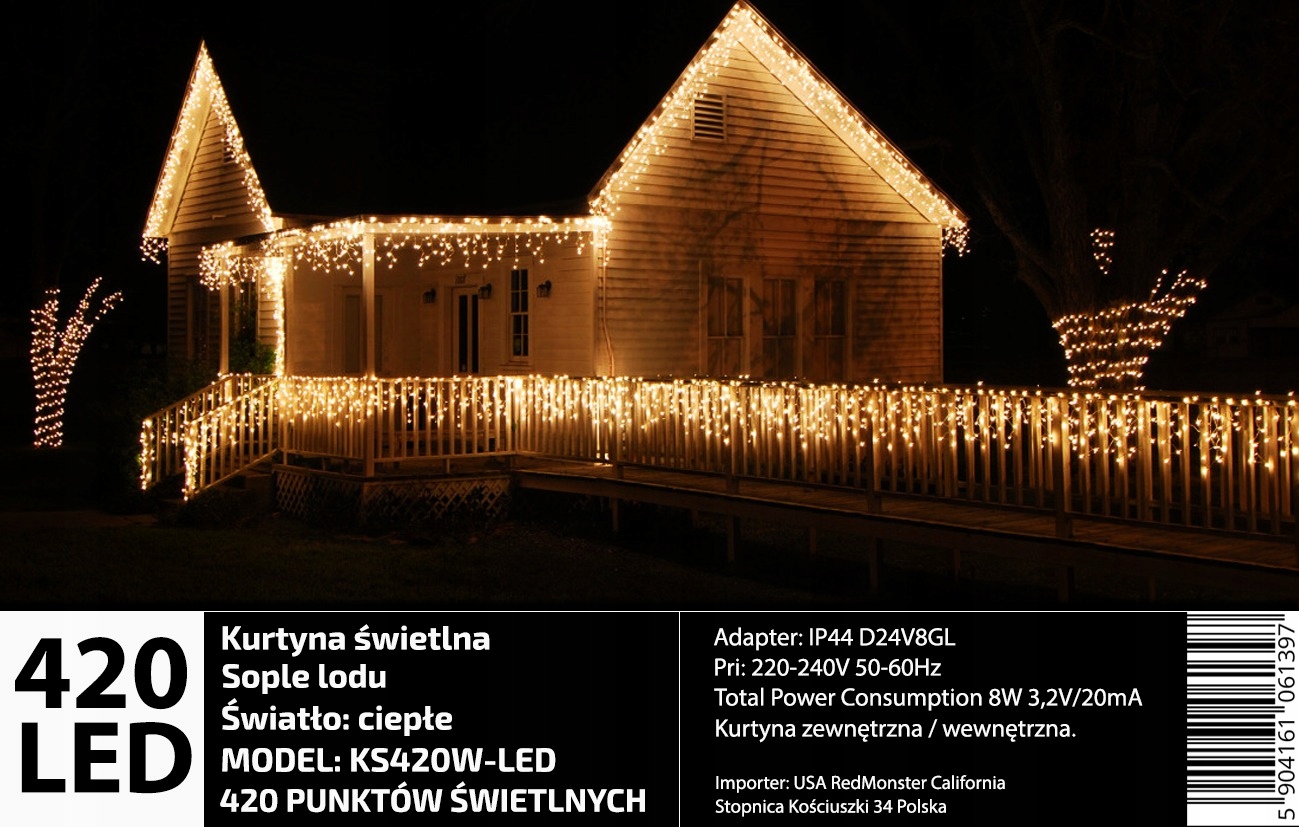 

Lampki świąteczne sople Białe Ciepłe 420 Led 12M