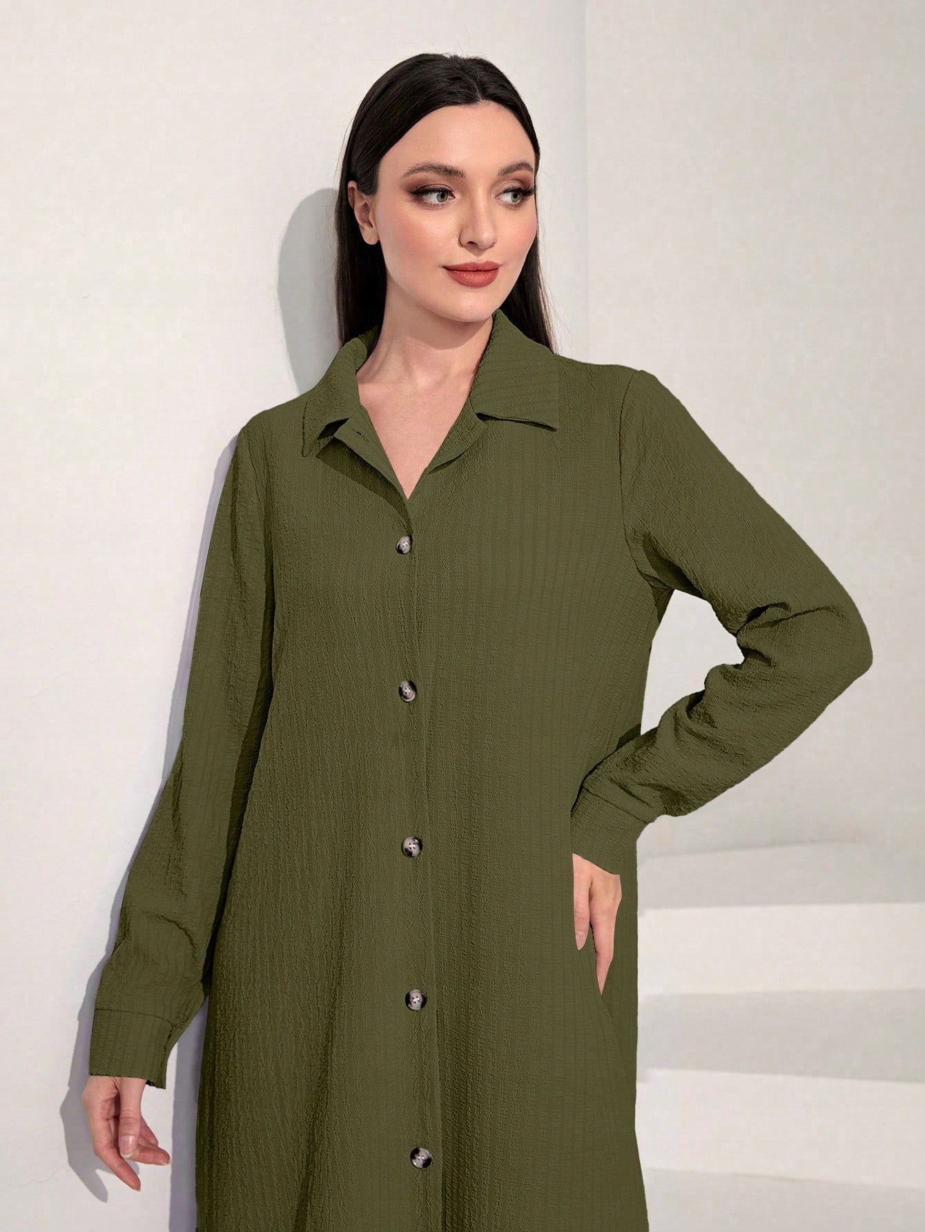 Komplet S Pruhy Olivová Dlouhá Košile Kalhoty Casual Shein M 38
