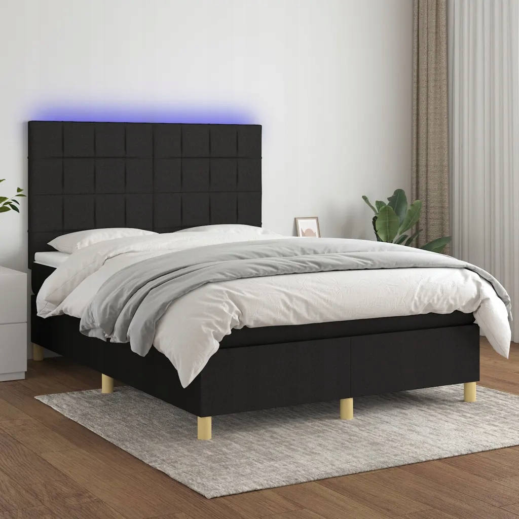 Box spring postel s matrací a Led černá 140x200 cm textil Černý 3135439
